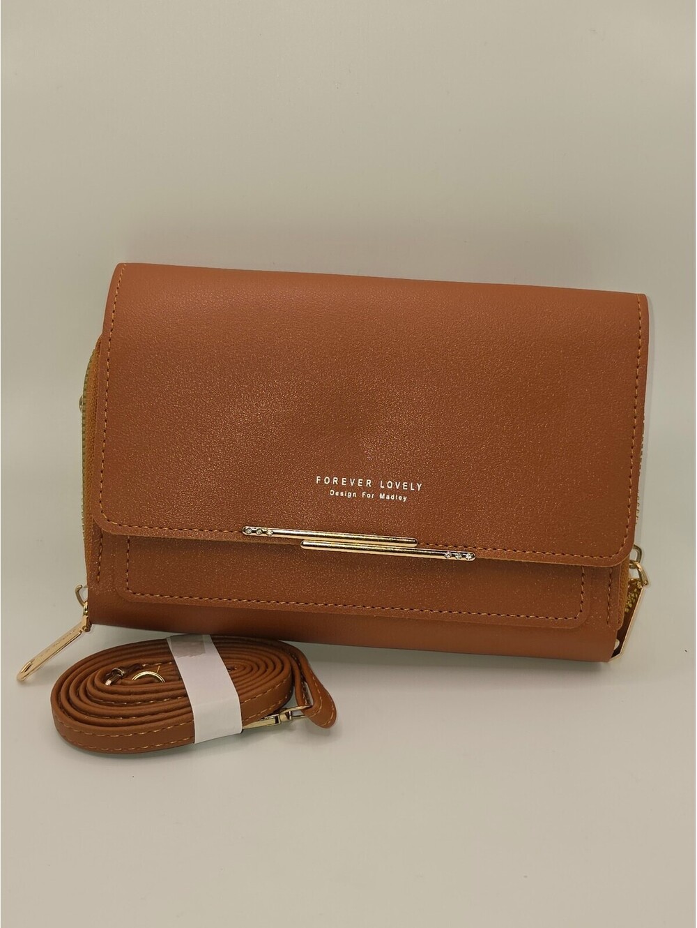 Forever Lovely Brown Faux Leather Crossbody Wallet Purse with Gold Zipper and Fl